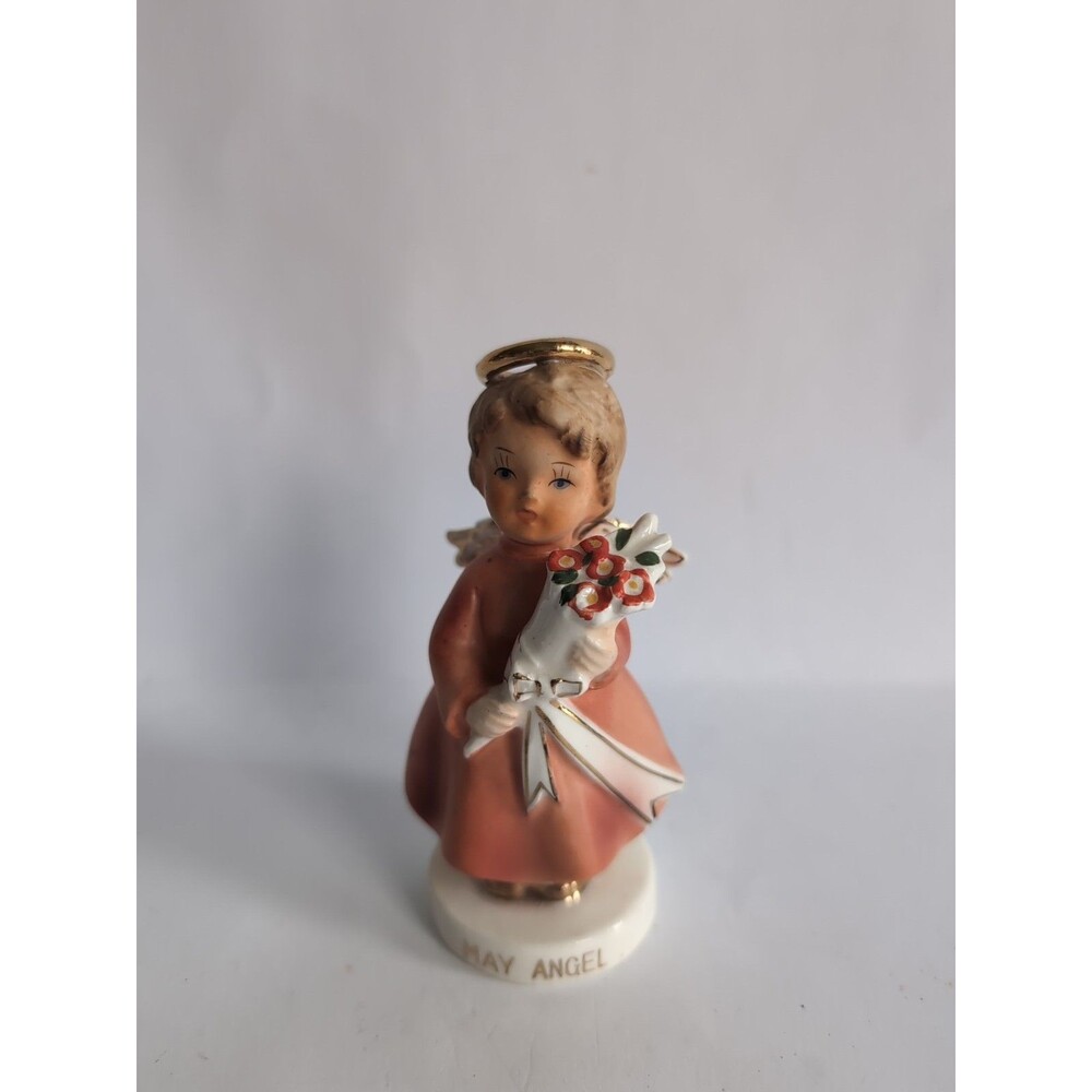 Vtg May Birthday Angel Ceramic Figurine with Flower Bouquet